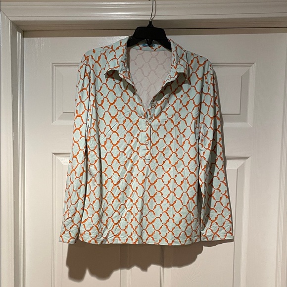 J. McLaughlin Tops - J. McLaughlin Orange and Sea Glass Green Patterned Shirt